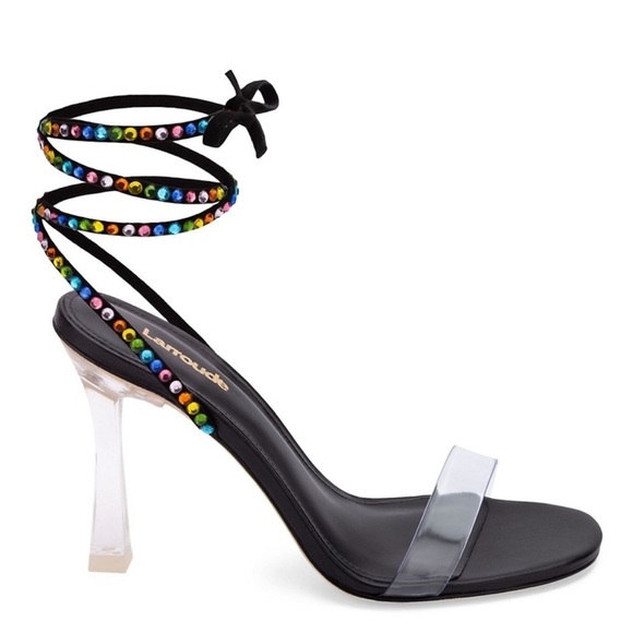 Larroudé by Revolve in Black Suede & Vinyl Disco Gloria Embellished Wrap Sandals